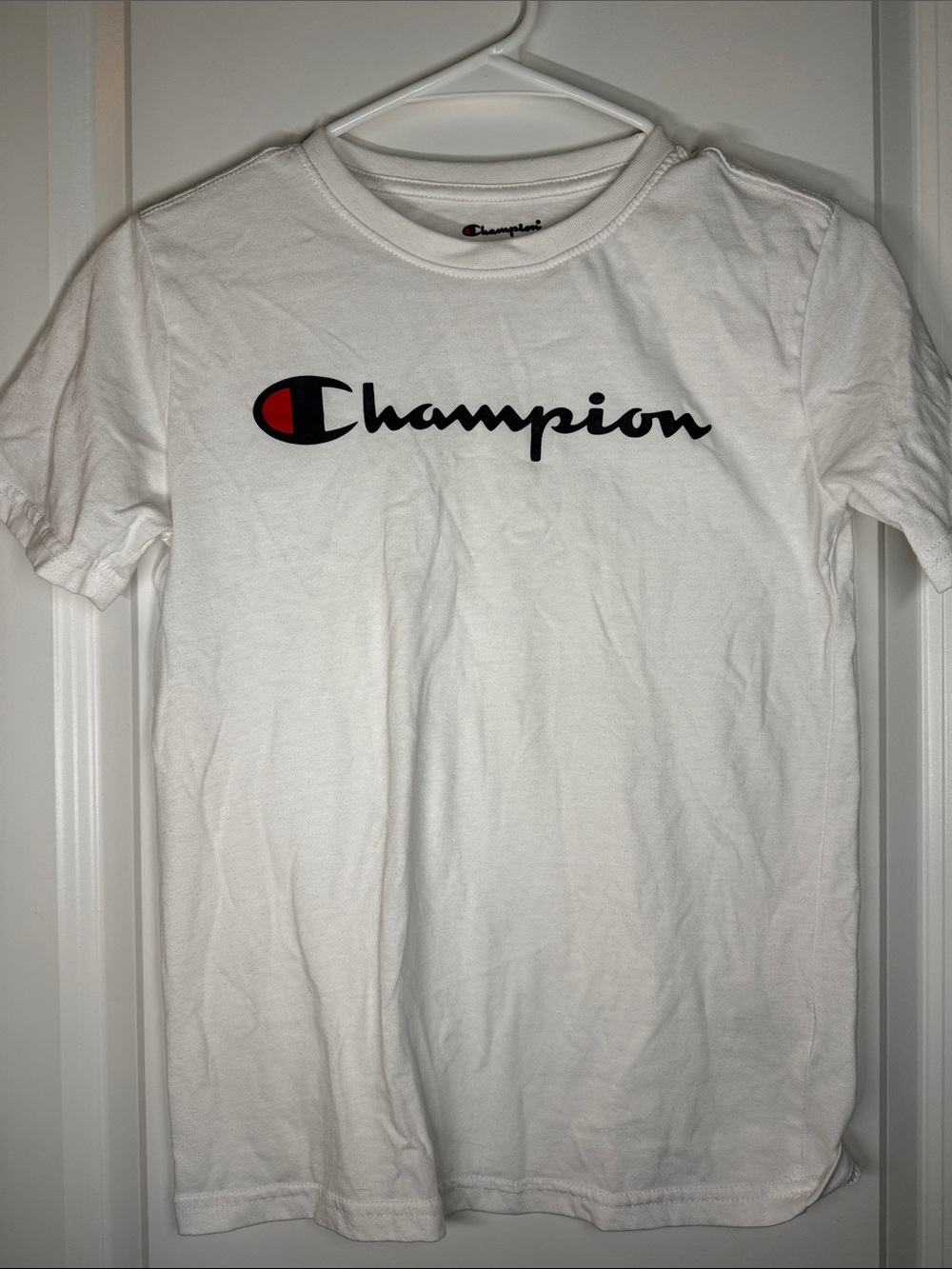 Champion White Tee with Black Script and Red Accent
